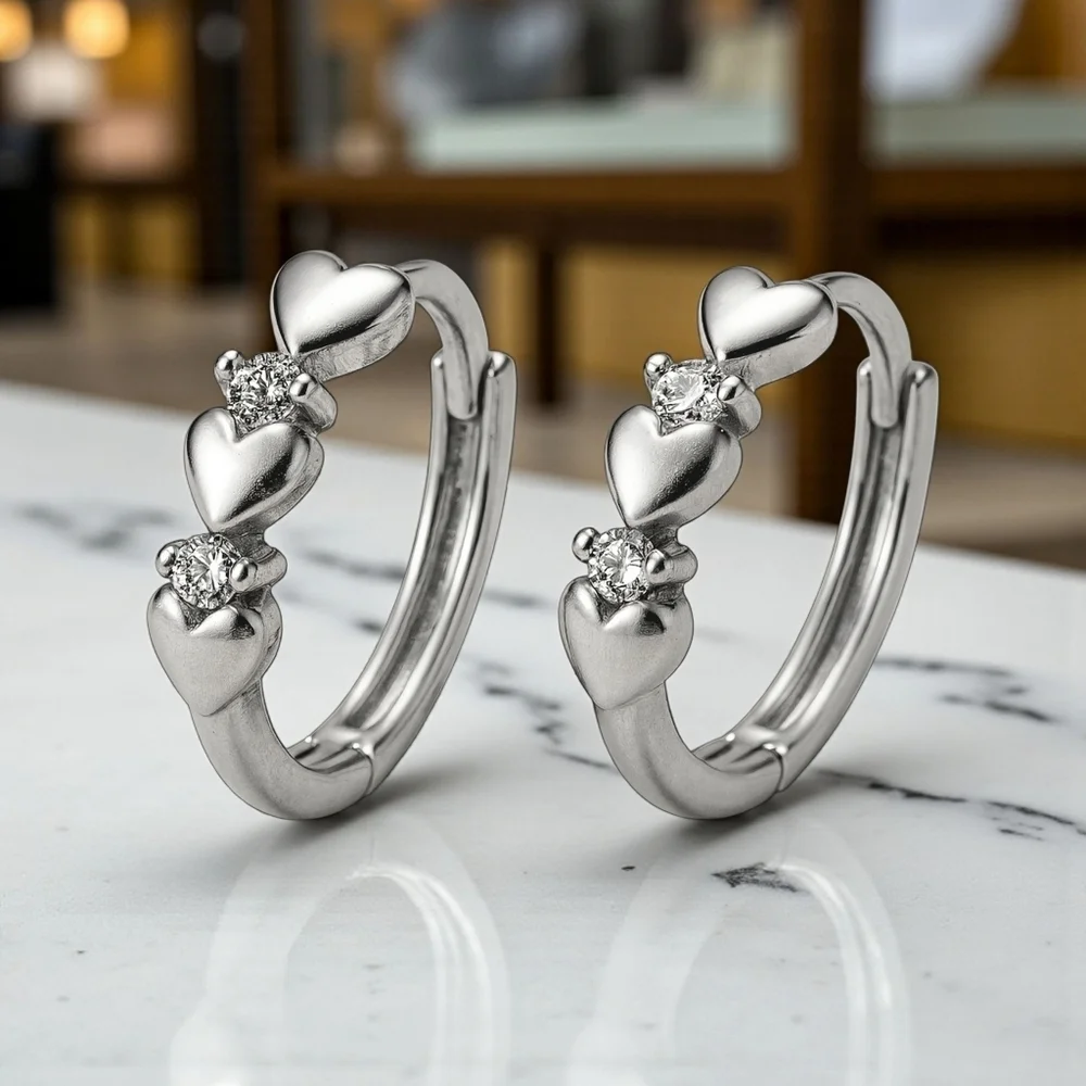 Minimalist Hoop Heart Earrings S925 Sterling Silver Dainty Zirconia Gift